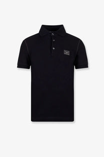 Dolce &amp; Gabbana men’s black cotton polo shirt with subtle textured fabric and silver toned buttons