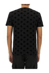 Dolce and Gabbana men’s black cotton short-sleeved t-shirt with a repeating embossed dg logo pattern