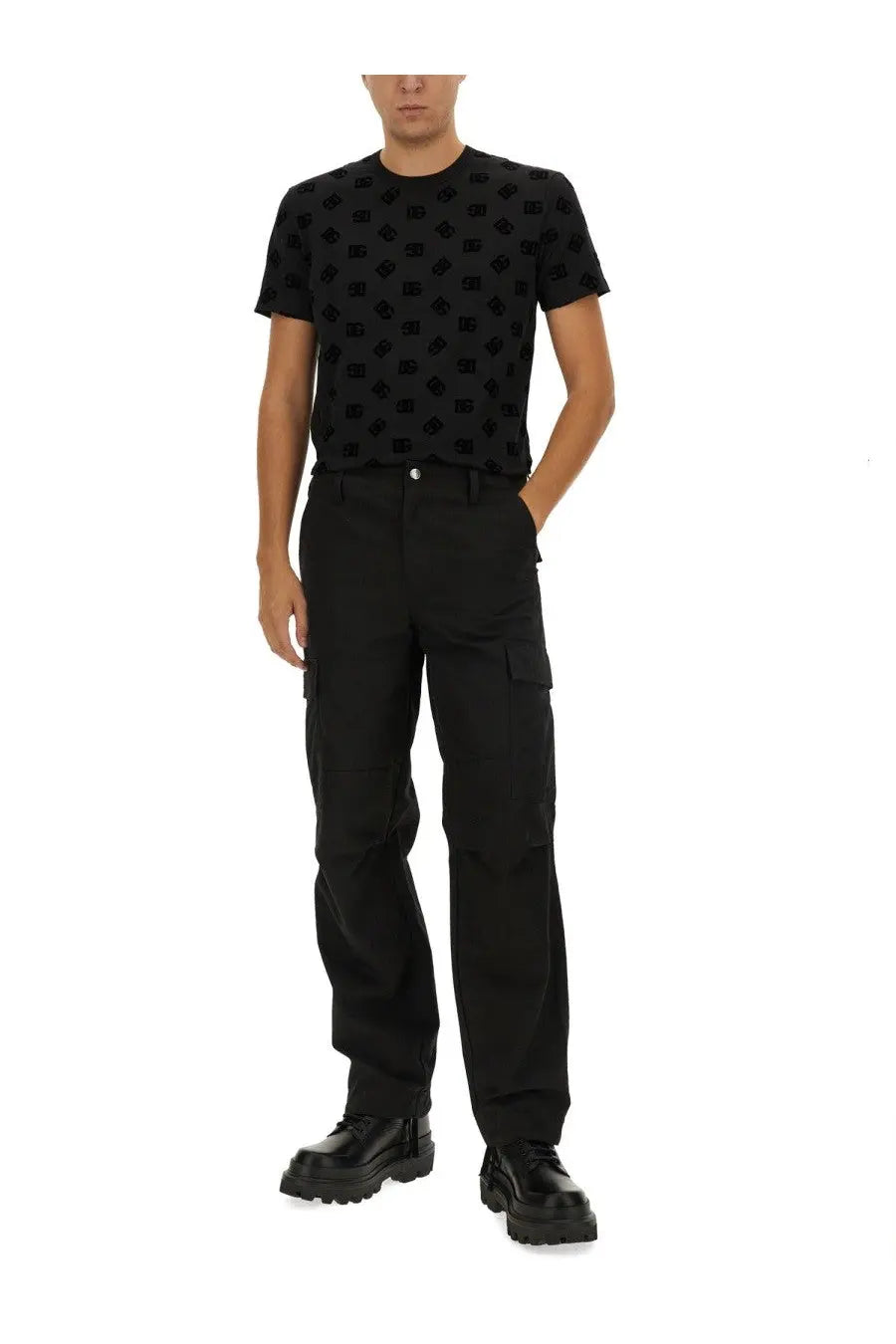 Dolce &amp; Gabbana men’s black cotton short-sleeved t-shirt with a repeating embossed logo pattern