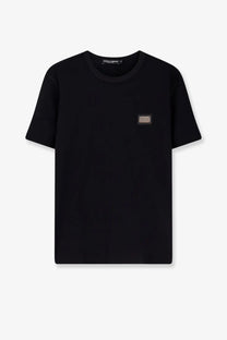 Dolce &amp; gabbana men’s black cotton t-shirt with a metallic rectangular patch on the chest