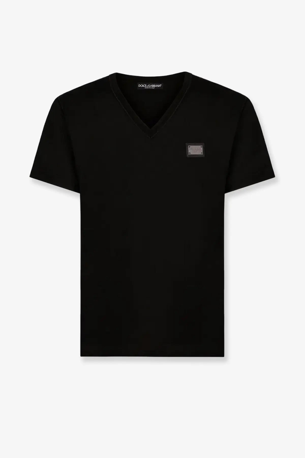 Dolce and gabbana men’s black cotton v-neck t-shirt with subtle metallic logo patch on the chest