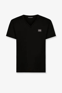 Dolce and gabbana men’s black cotton v-neck t-shirt with subtle metallic logo patch on the chest