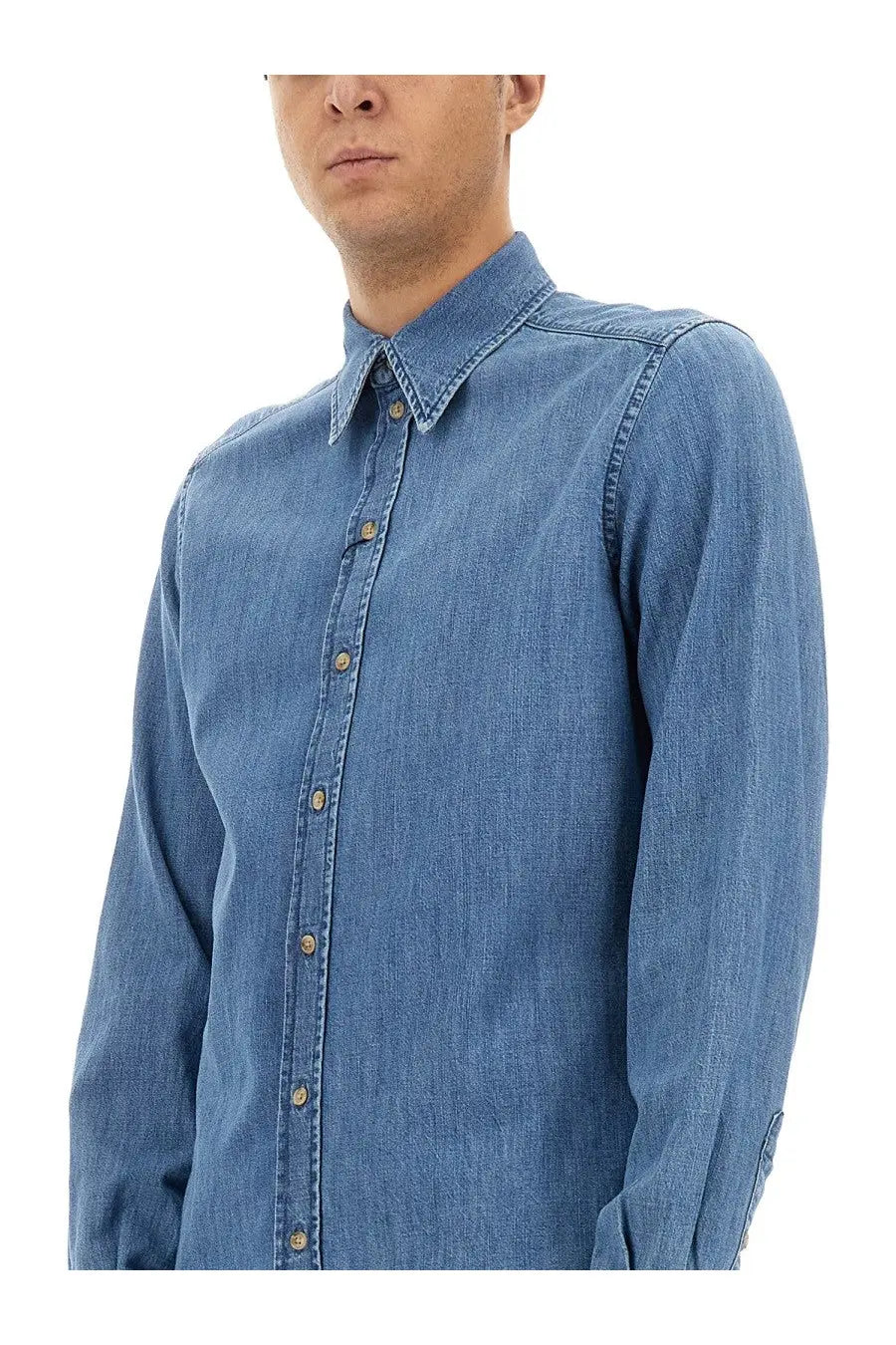 Dolce &amp; Gabbana men’s blue cotton denim shirt with crisp collar and matching brown buttons