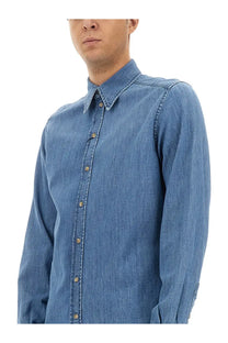 Dolce &amp; Gabbana men’s blue cotton denim shirt with crisp collar and matching brown buttons
