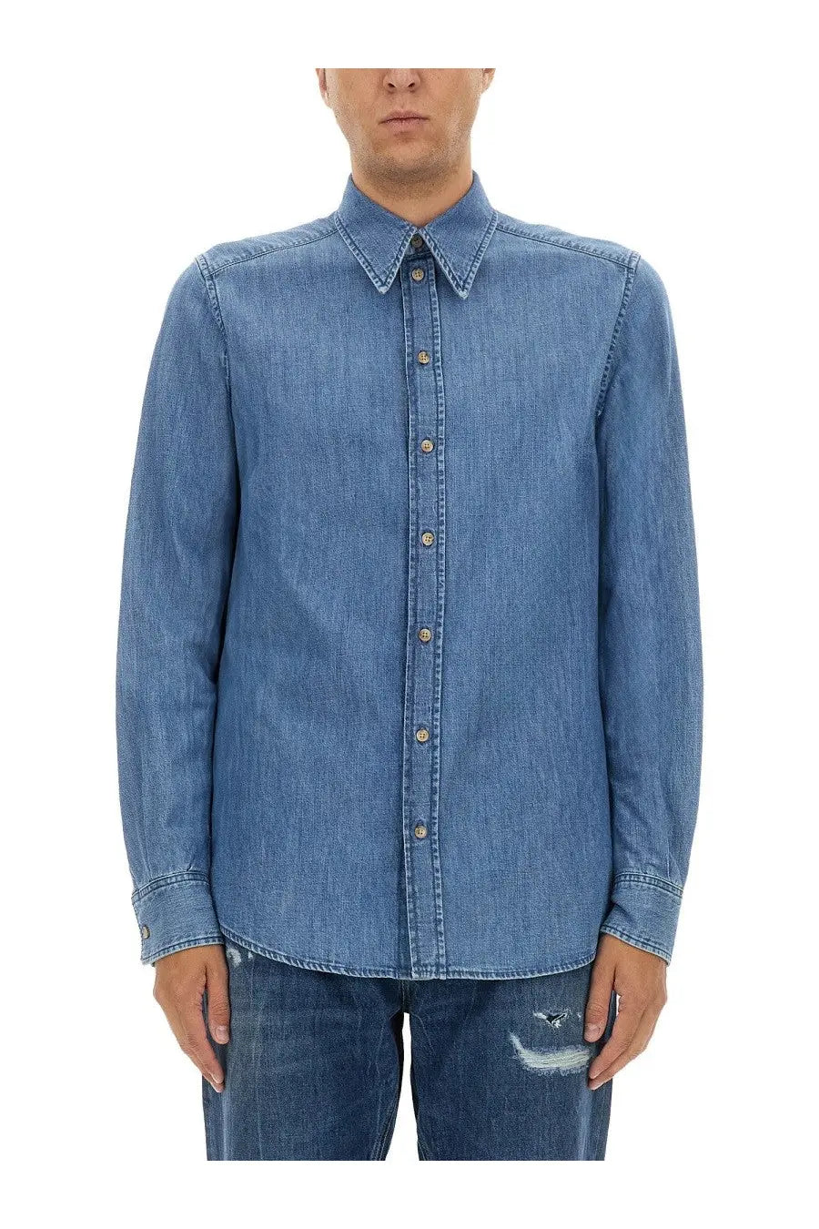 Dolce and gabbana men’s blue cotton denim button-up shirt with classic collar and long sleeves