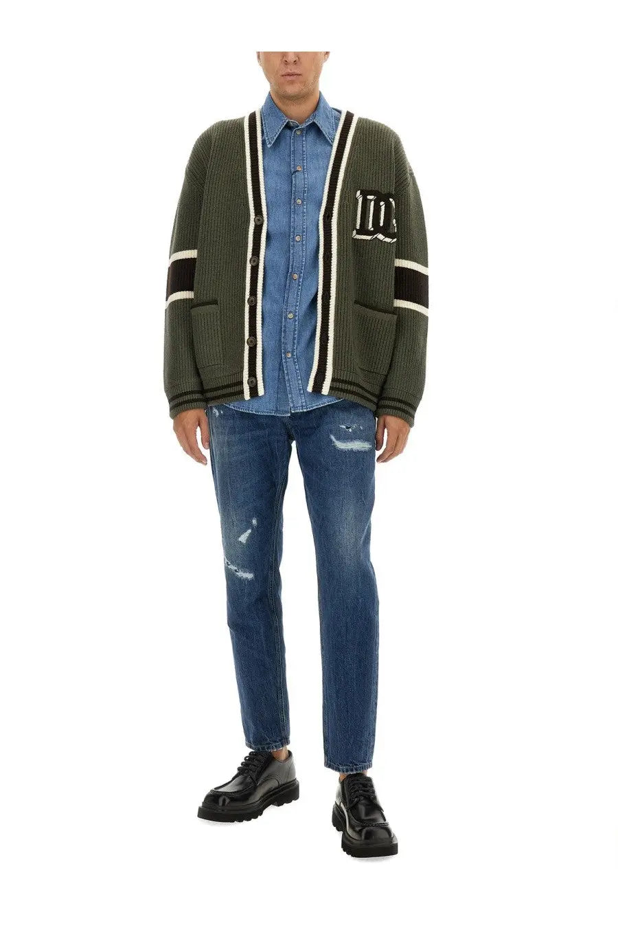 Dolce &amp; Gabbana men’s olive green knitted cardigan with black and white striped trim and embroidered logo on left chest