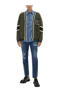 Dolce &amp; Gabbana men’s olive green knitted cardigan with black and white striped trim and embroidered logo on left chest