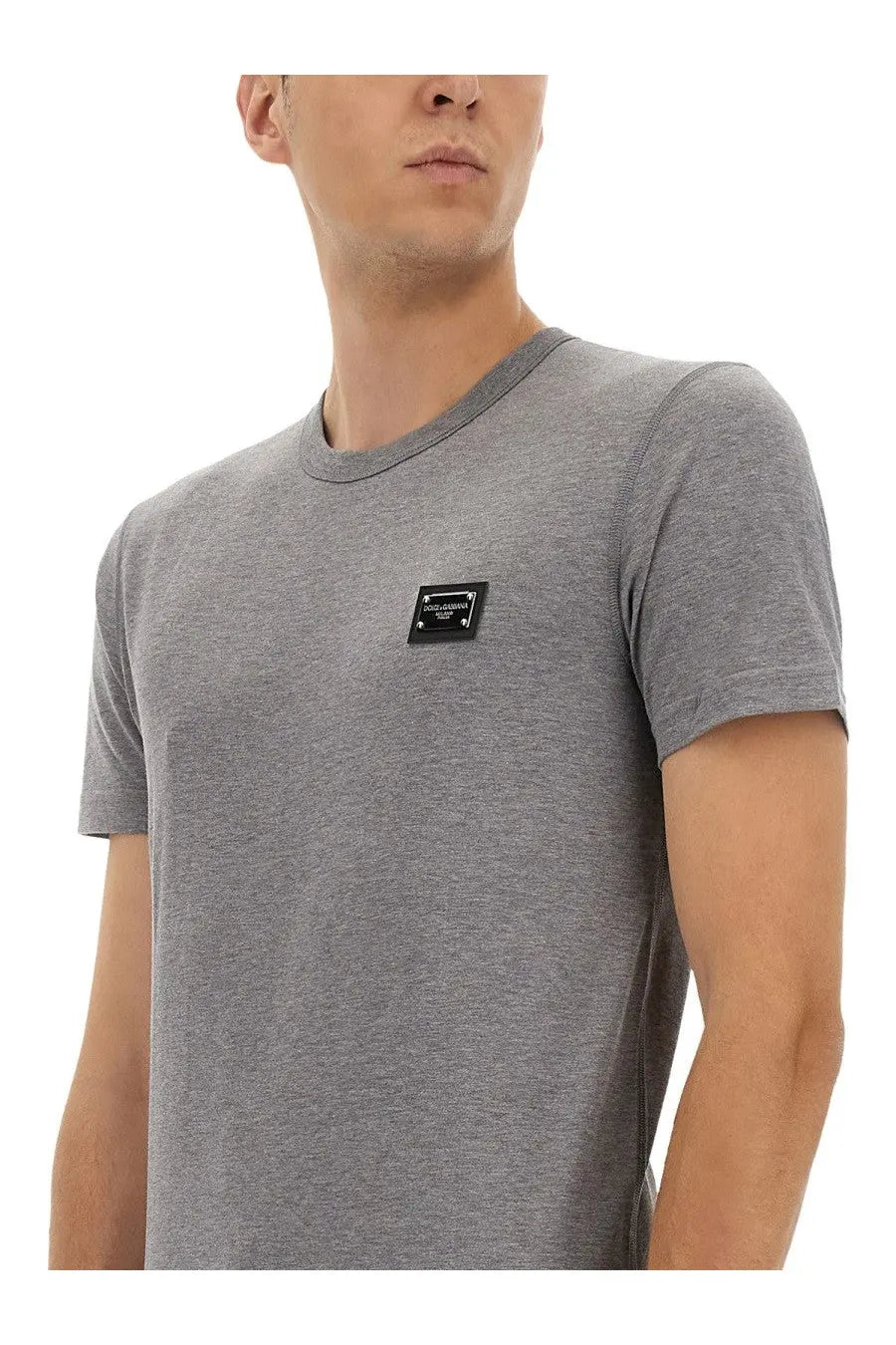 Dolce &amp; Gabbana men’s gray heathered cotton t-shirt with black rectangular patch logo on the left chest