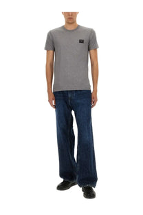 Dolce &amp; Gabbana men’s grey cotton t-shirt with a small black logo patch on the left chest