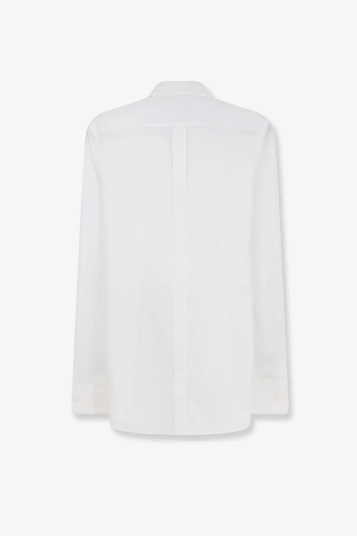A crisp white cotton long-sleeved Dolce &amp; Gabbana shirt with a classic collar and subtle back pleats shown from the back