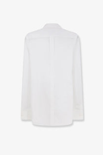 A crisp white cotton long-sleeved Dolce &amp; Gabbana shirt with a classic collar and subtle back pleats shown from the back