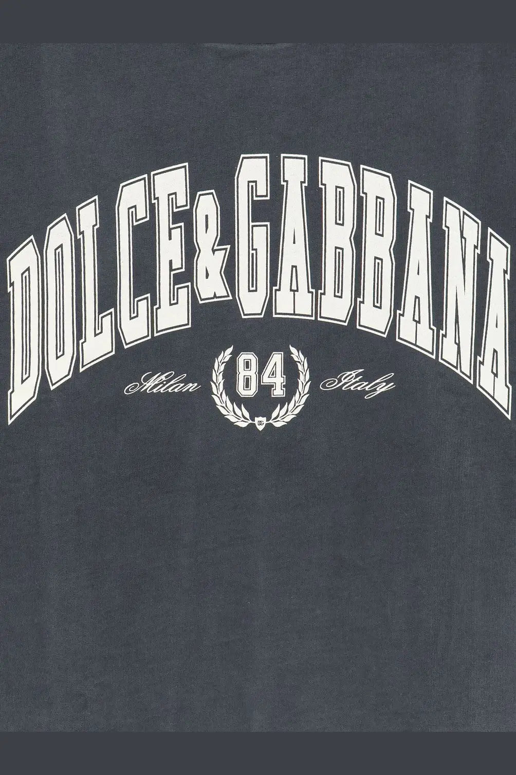 Dark gray dolce and gabbana men’s cotton t-shirt with bold white arched logo milan 84 italy and laurel wreath emblem