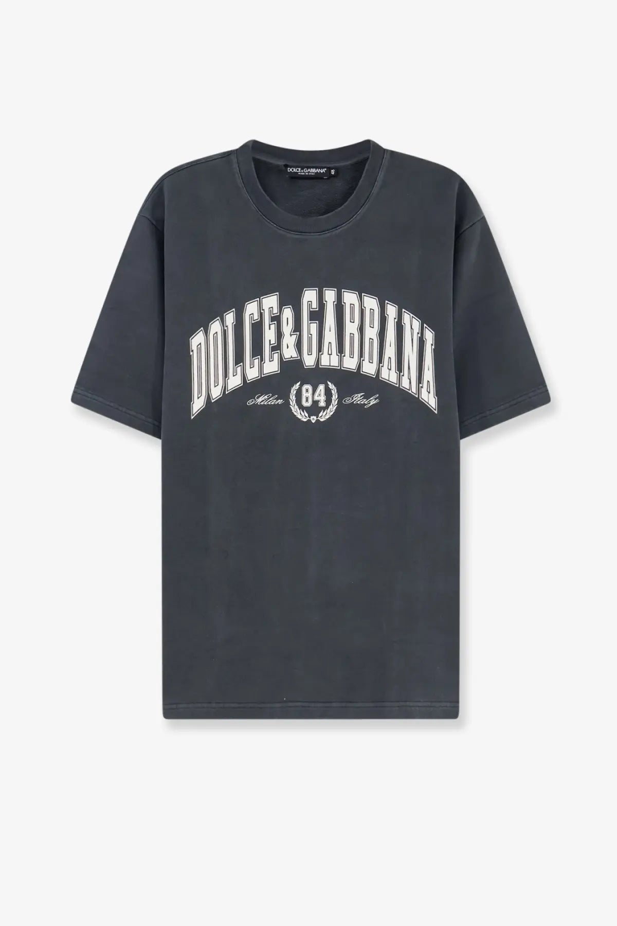 Dark gray dolce and gabbana men’s cotton t shirt with white arched lettering and laurel wreath emblem