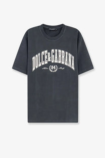 Dark gray dolce and gabbana men’s cotton t shirt with white arched lettering and laurel wreath emblem