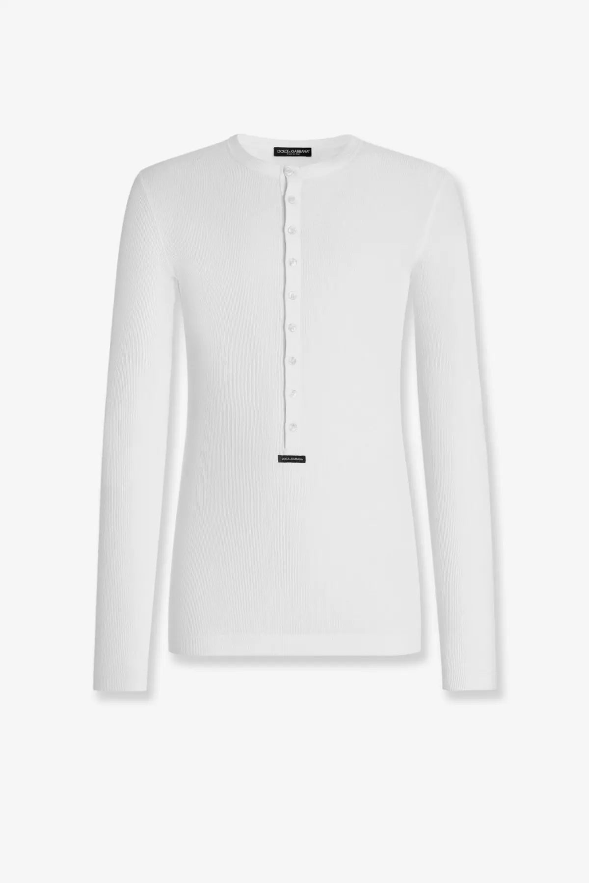 Dolce &amp; Gabbana men’s white cotton ribbed long-sleeve henley shirt with button front and branding details
