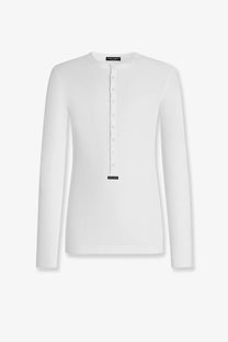 Dolce &amp; Gabbana men’s white cotton ribbed long-sleeve henley shirt with button front and branding details
