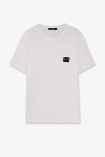 Dolce &amp; Gabbana men’s white cotton t-shirt with black rectangular chest patch and matching neckline tag