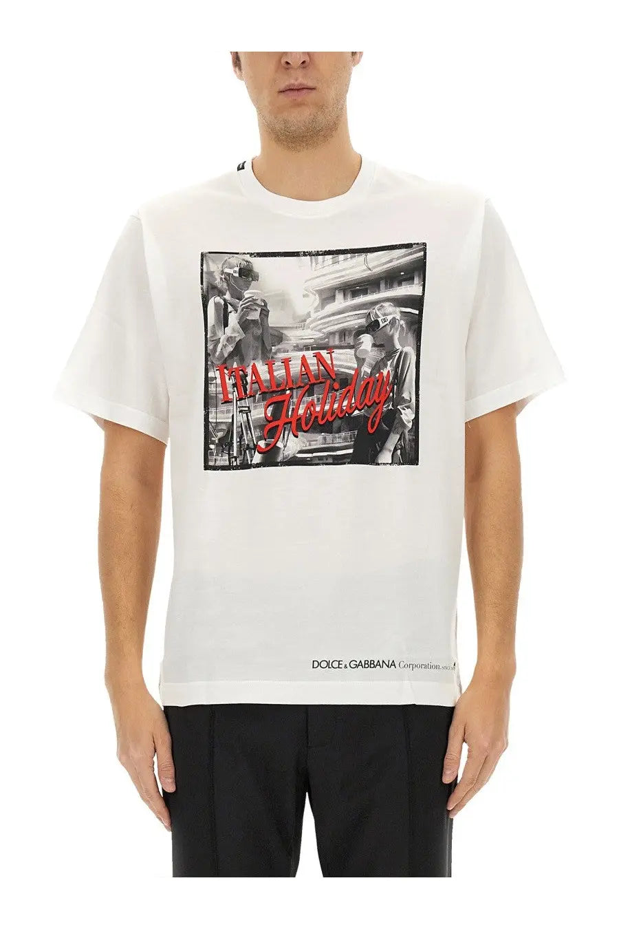 Dolce &amp; Gabbana men’s white cotton t-shirt with black and white graphic and red Italian holiday text vintage design