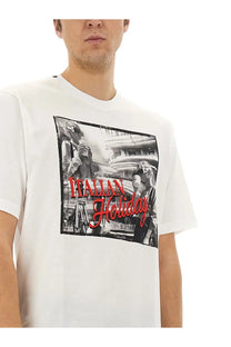 Dolce &amp; Gabbana men’s white cotton t-shirt with a black and white graphic and red italian holiday text