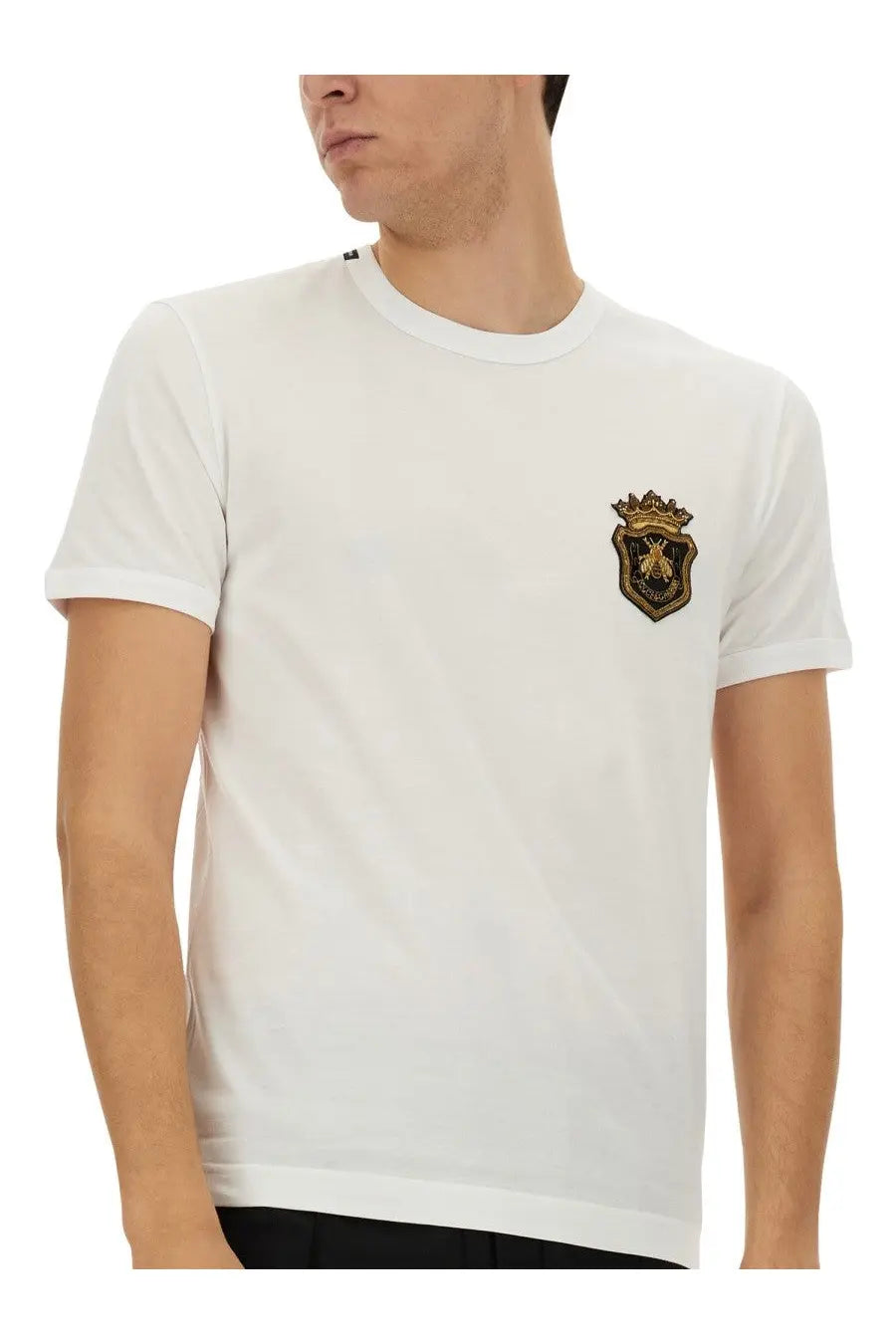 Dolce &amp; Gabbana men’s white cotton t-shirt with a gold and black embroidered crest on the left chest