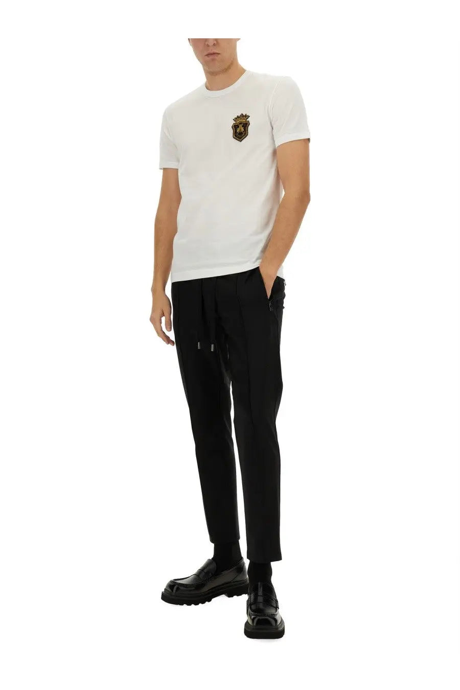 Dolce &amp; Gabbana men’s white cotton t-shirt with gold and black embroidered crest on the left chest