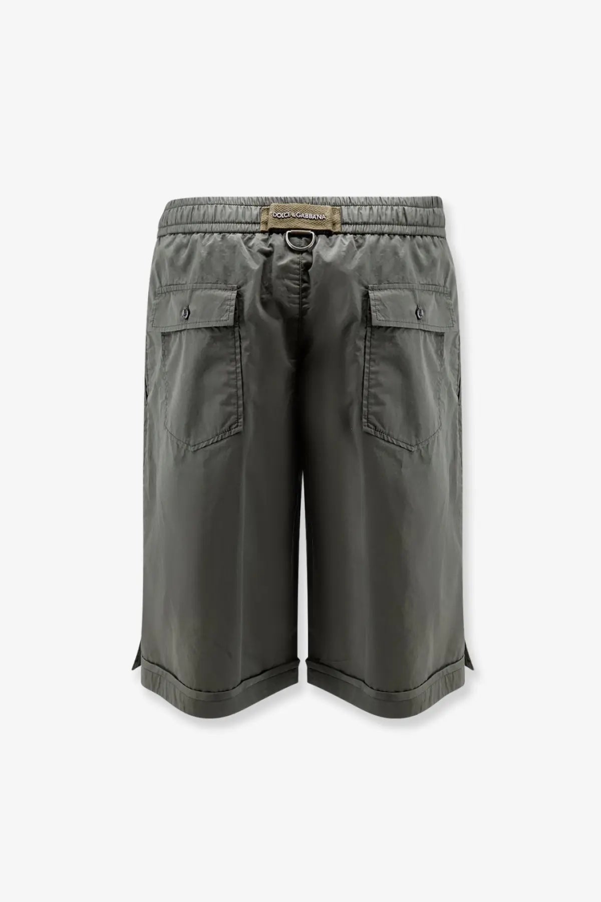 Dolce &amp; Gabbana men’s olive green cotton shorts with two front pockets and branded waistband label