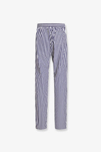Dolce &amp; Gabbana men’s navy and white striped cotton and silk trousers with elastic waistband front view