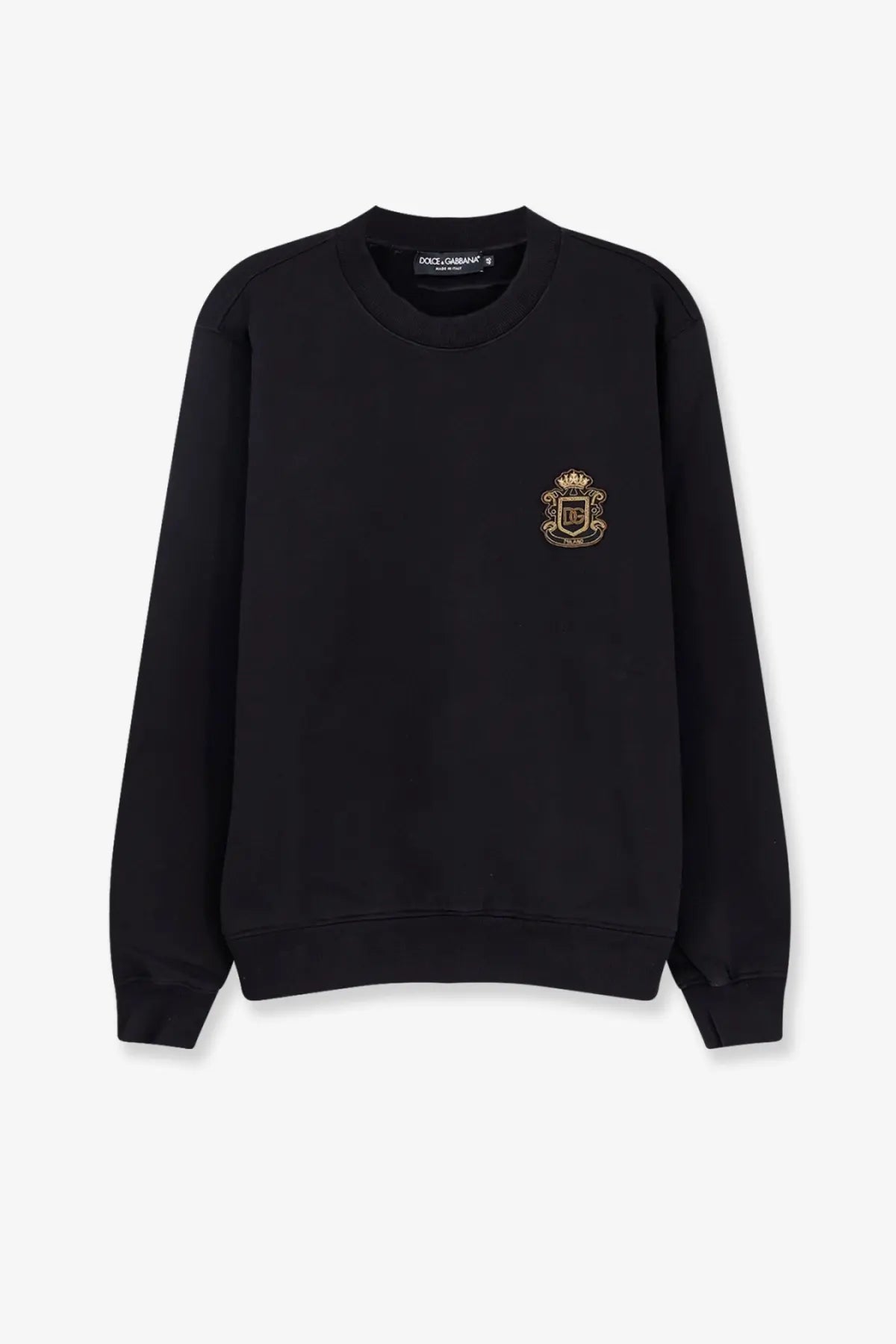 Dolce &amp; Gabbana men’s black cotton sweatshirt with gold embroidered crest on the left chest