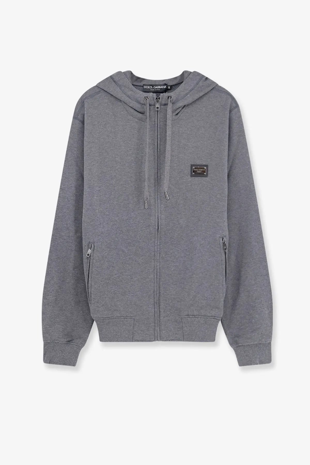 Dolce &amp; Gabbana men’s gray cotton zip-up hoodie with textured fabric front pockets and drawstring hood