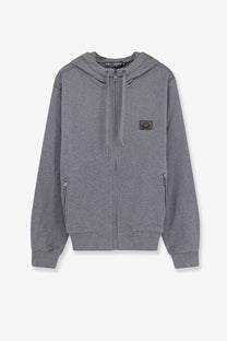 Dolce &amp; Gabbana men’s gray cotton zip-up hoodie with textured fabric front pockets and drawstring hood