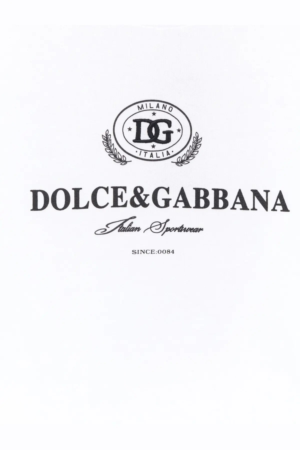 Dolce &amp; Gabbana men’s white cotton sweatshirt with black oval dg logo laurel wreaths and milano italia text on front