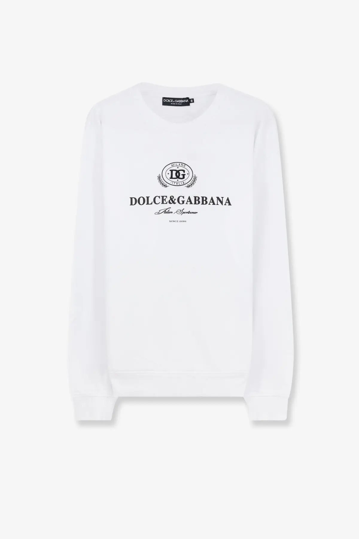Dolce &amp; Gabbana men’s white long-sleeved cotton sweatshirt with black logo print front view