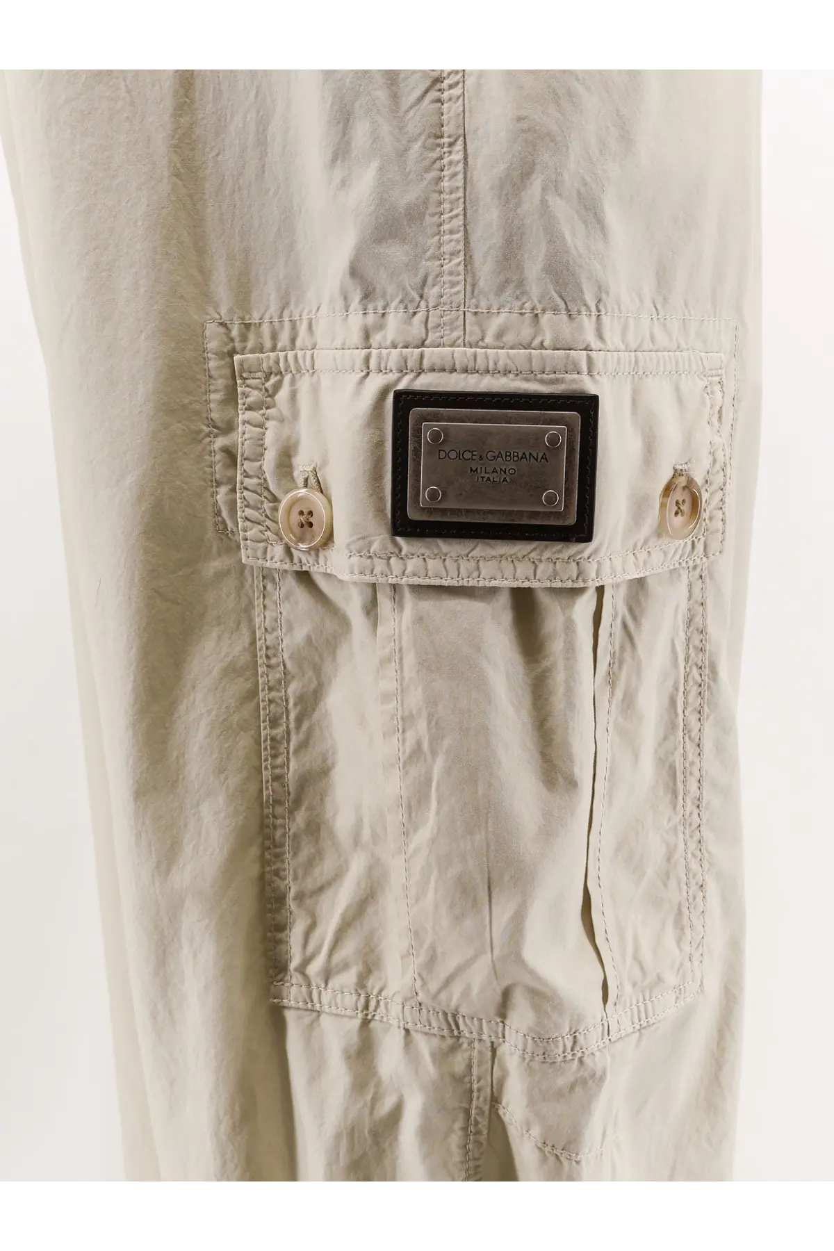 Beige dolce and gabbana men’s cotton cargo trousers with metallic brand plaque and matching button closures