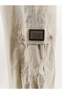 Beige dolce and gabbana men’s cotton cargo trousers with metallic brand plaque and matching button closures