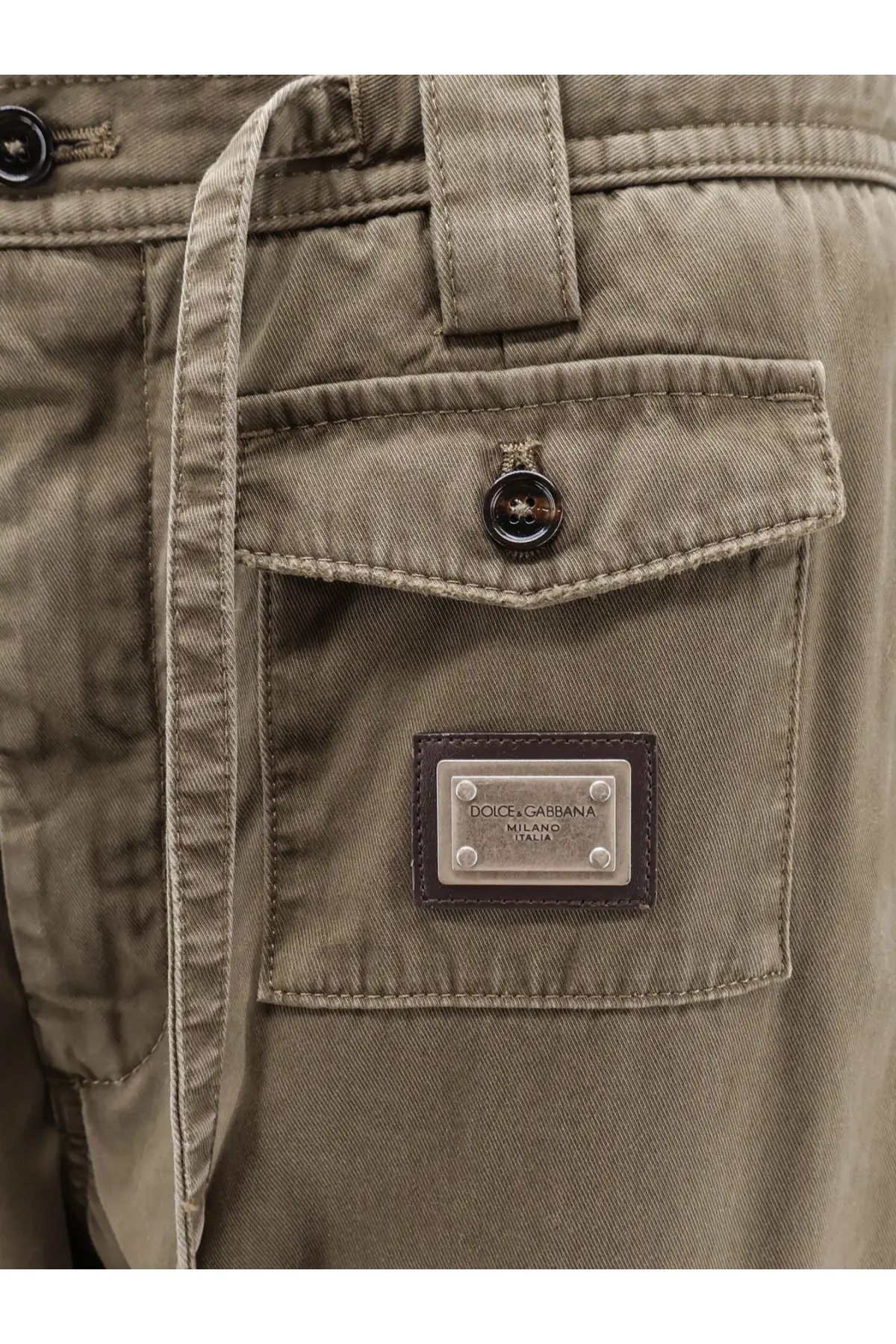 Dolce &amp; Gabbana men’s olive green cotton chino pants with branded leather patch and button closure