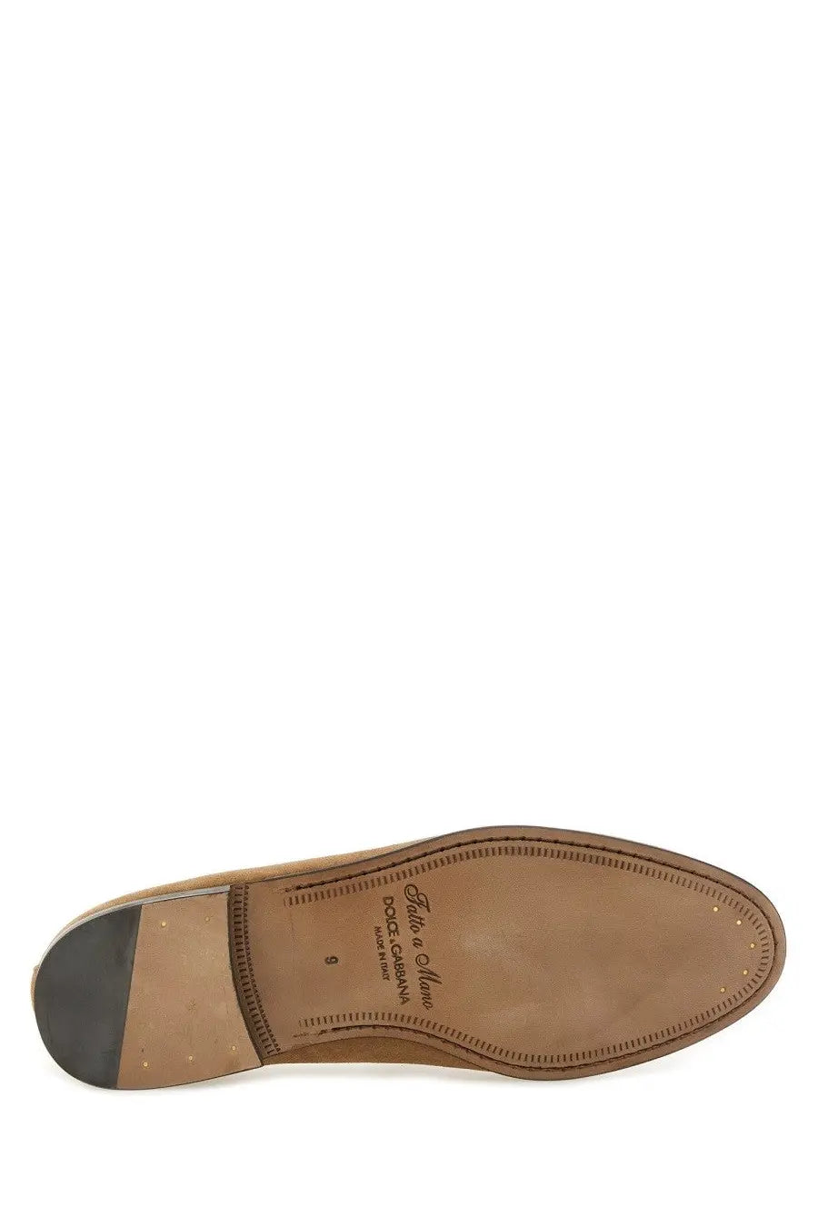 Dolce &amp; Gabbana men’s crust slipper beige tan suede shoe with stitched leather sole and black rubber heel shown from back