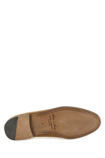 Dolce &amp; Gabbana men’s crust slipper beige tan suede shoe with stitched leather sole and black rubber heel shown from back