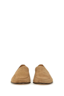 Dolce &amp; gabbana men’s crust slipper beige tan suede loafers with classic slip-on design and dark brown soles