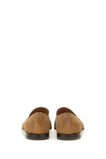 Dolce &amp; gabbana men’s crust slipper beige tan suede loafers with subtle dg logo plaque on the back heel