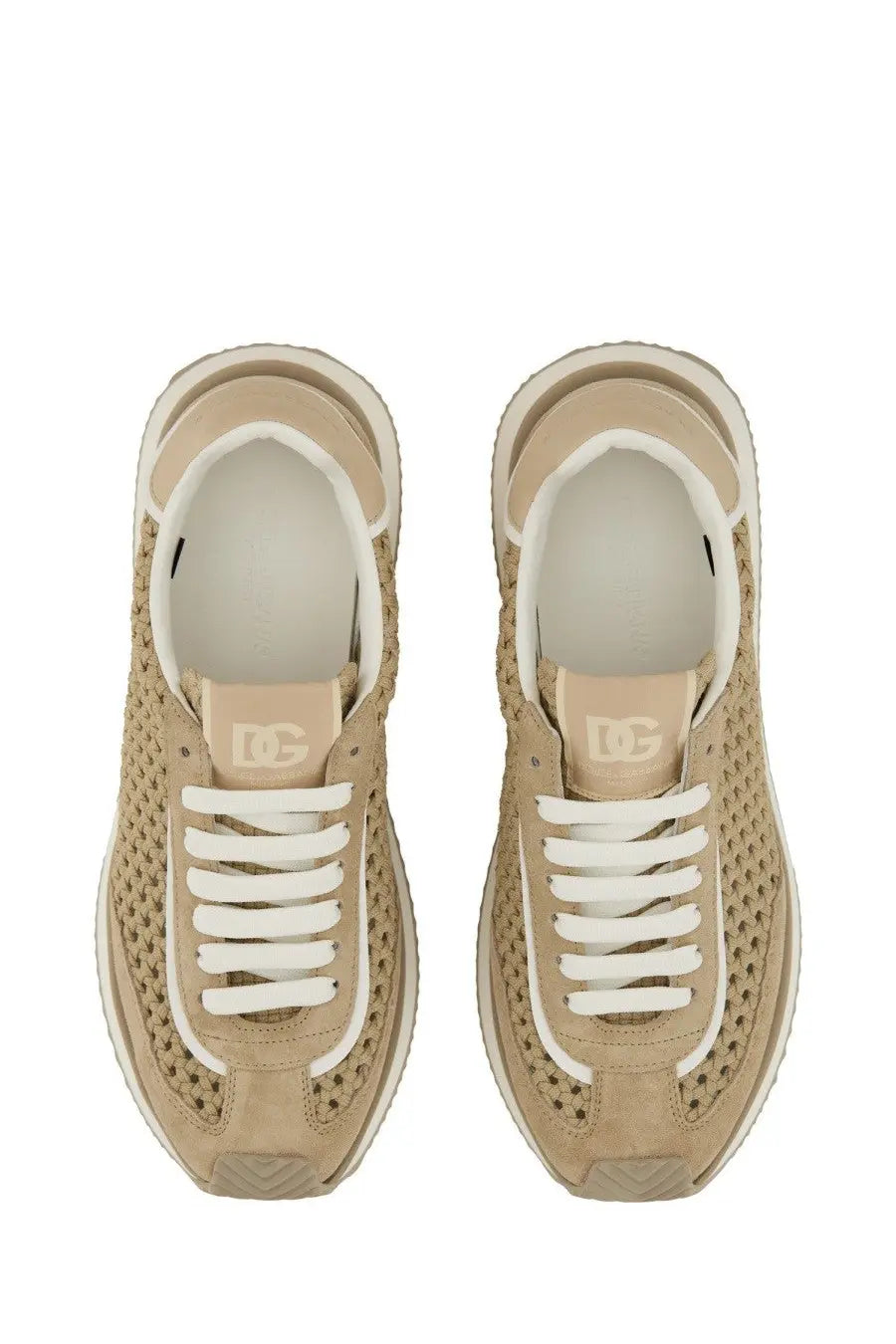 Dolce &amp; gabbana men’s cushion sneaker beige mesh and suede with white laces and chunky sole