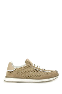 Dolce &amp; Gabbana men’s cushion sneaker in tan suede and woven mesh with white laces and contrasting white rubber sole