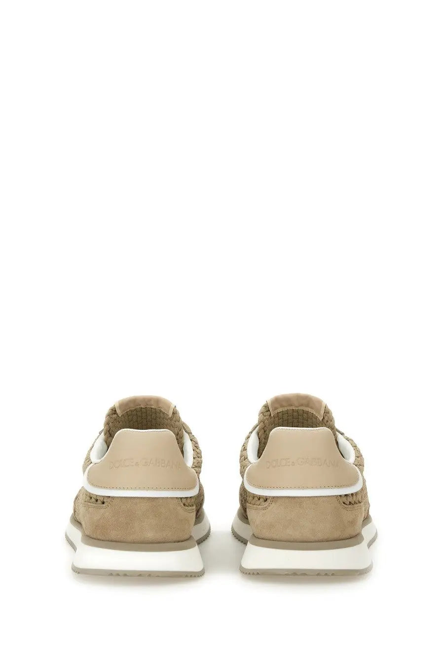 Dolce &amp; Gabbana men’s beige cushion sneaker with woven fabric, suede accents, and white rubber soles
