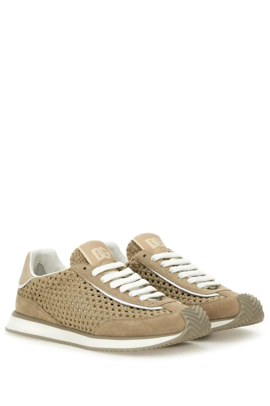 Dolce &amp; Gabbana men’s cushion sneaker beige woven suede with white laces and chunky rubber sole