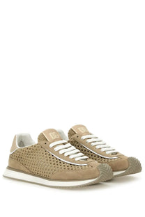 Dolce &amp; Gabbana men’s cushion sneaker beige woven suede with white laces and chunky rubber sole
