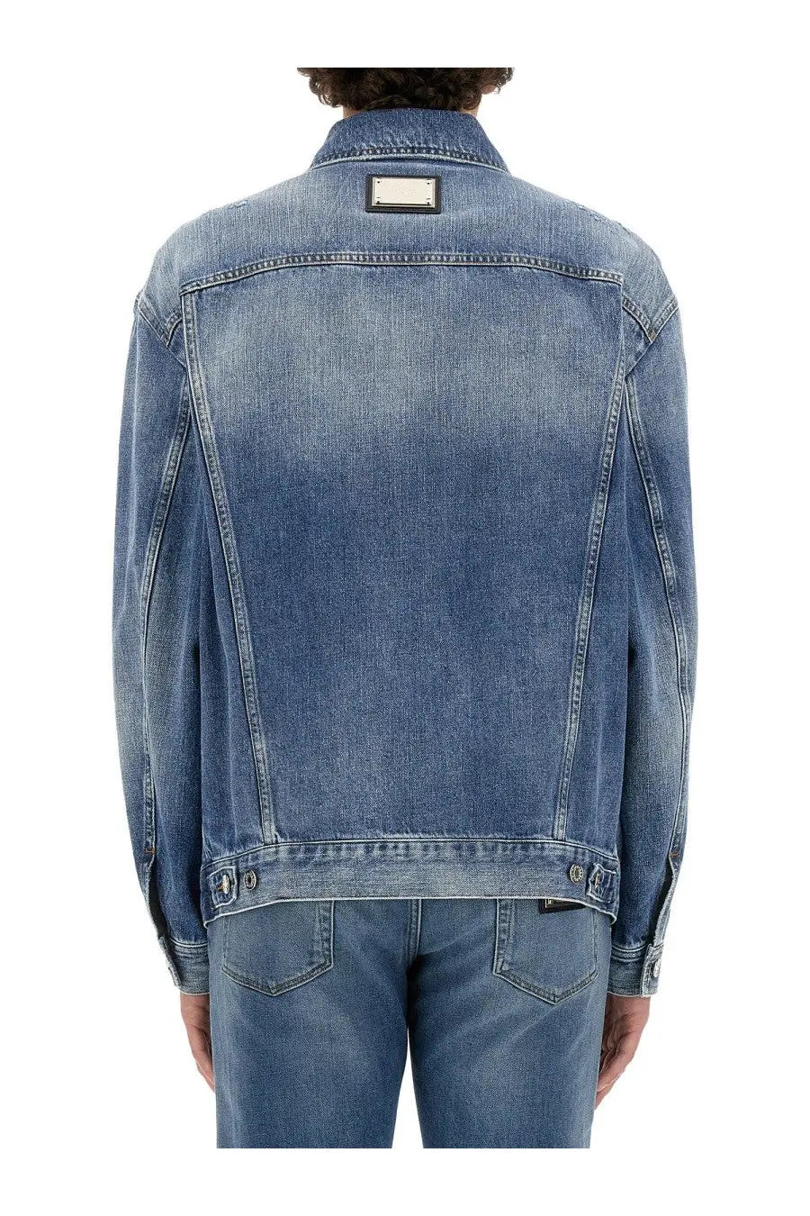 Dolce &amp; gabbana men’s blue denim shirt with subtle faded wash and rectangular metal plaque at the collar