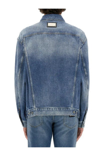 Dolce &amp; gabbana men’s blue denim shirt with subtle faded wash and rectangular metal plaque at the collar