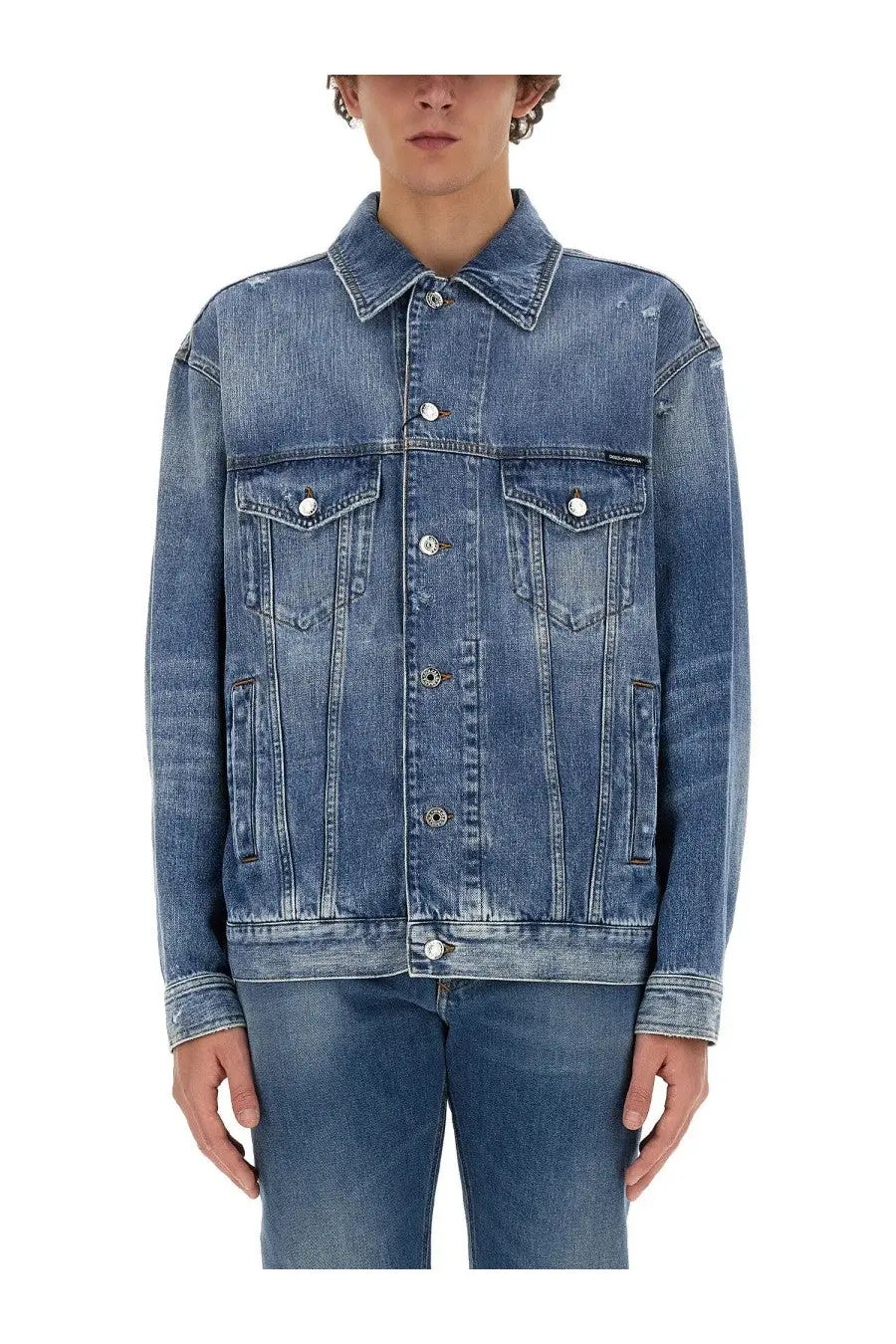 Dolce &amp; Gabbana men’s medium-wash blue denim shirt with classic collar, button closures, and two chest pockets