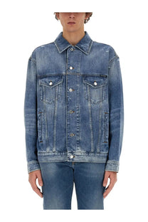 Dolce &amp; Gabbana men’s medium-wash blue denim shirt with classic collar, button closures, and two chest pockets