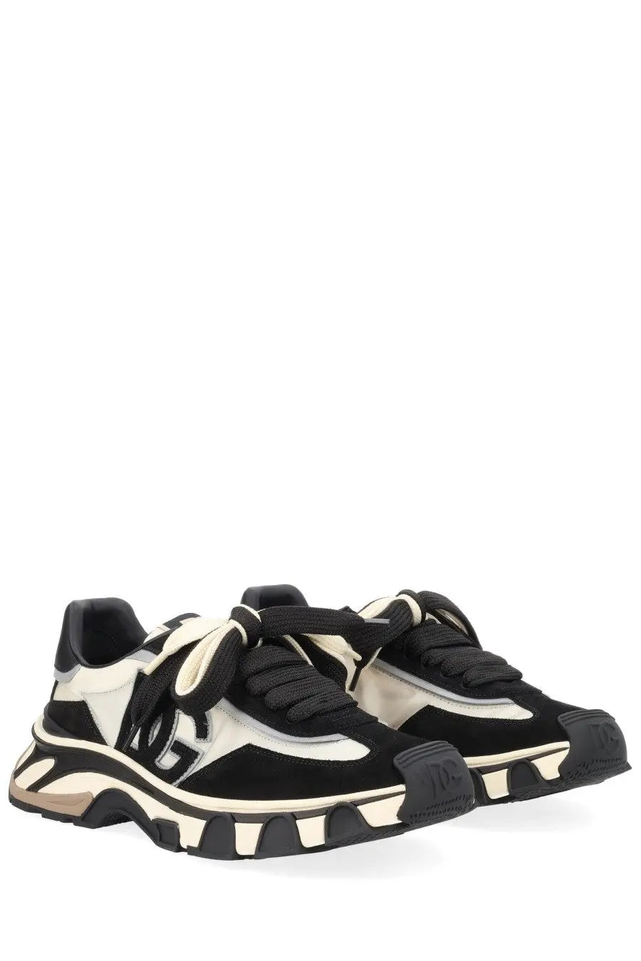 Dolce &amp; gabbana men’s DG Country Road sneaker white in black and cream with chunky sole suede and mesh upper and bold logo detailing