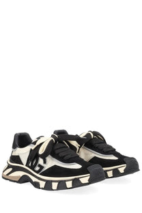 Dolce &amp; gabbana men’s DG Country Road sneaker white in black and cream with chunky sole suede and mesh upper and bold logo detailing